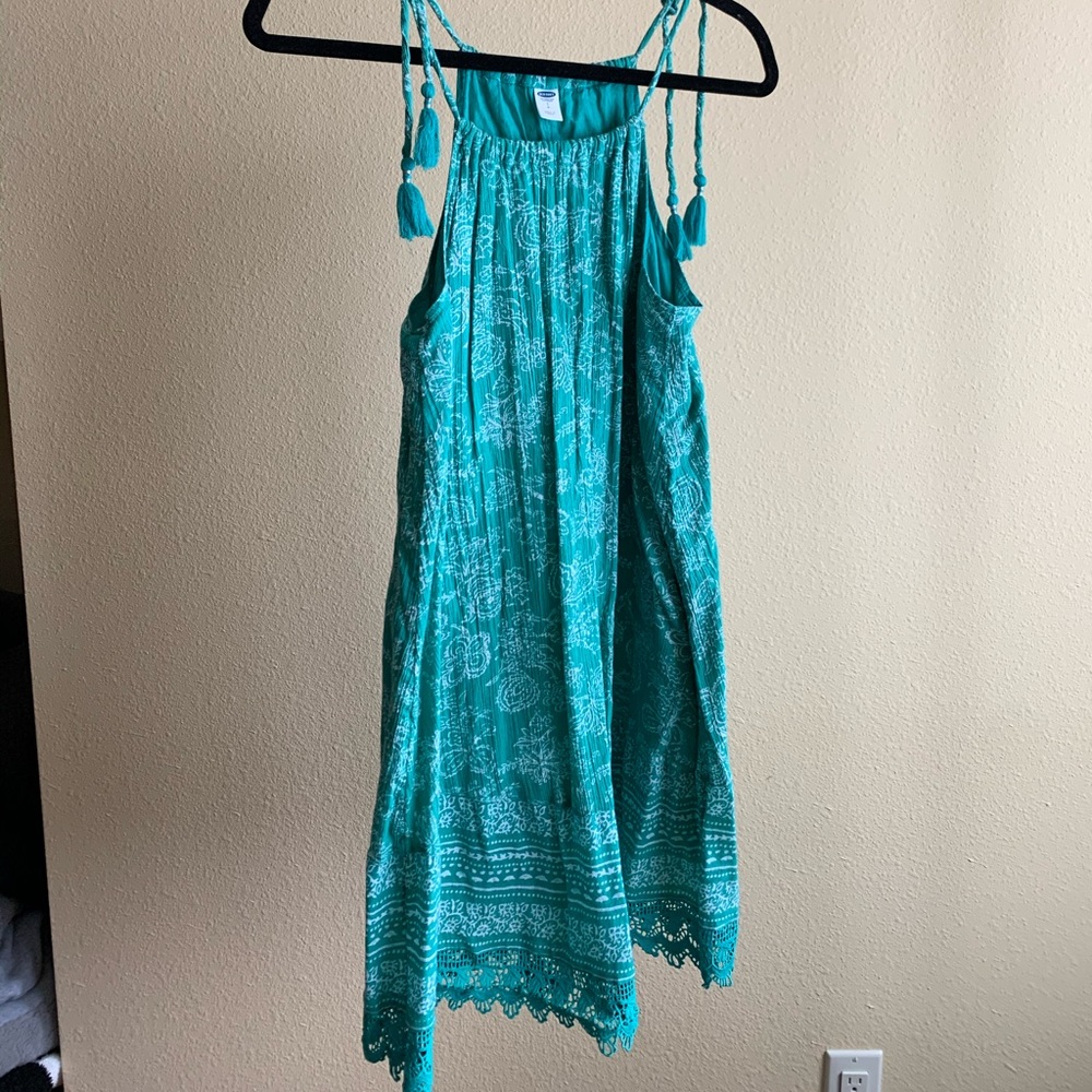 Teal Floral Print Old Navy Dress Lace Fringe